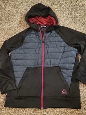 Reebok Black & Navy Hooded Quilted Jacket with Red Accents